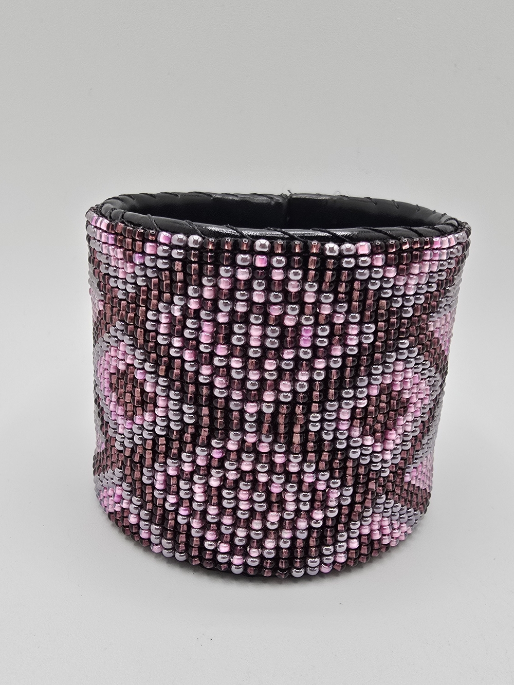 Beaded Wide Cuff Bracelet Pink Purple Silver Seed Bead Geometric Boho Size 6"